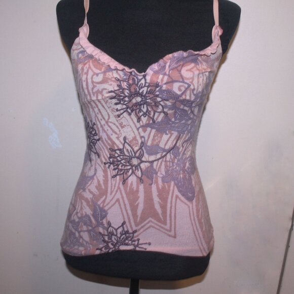 Colorful $125 Raw 7 100% Cashmere Spaghetti Strap Ruffled V Neck Tank Top Shirt - Picture 1 of 7
